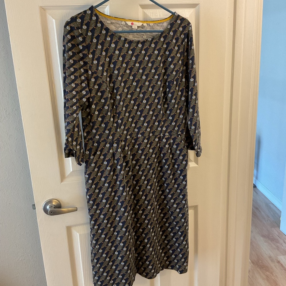 Boden regal owl navy penny jersey dress pockets unlined 3/4 sleeve size 10 vguc - Picture 2 of 8